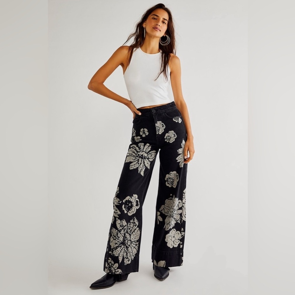 We The Free Black and White Floral Wide Leg Pants